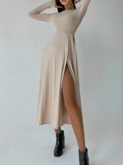 Women's Sweater Dress Winter Dress Jumper Dress Midi Dress Button Split Daily Date Going Out Fashion Basic Crew Neck Long Sleeve 2023 Regular Fit Black Blue Camel Color S M L XL Size -Tesla Style rnuyhc1692357248622