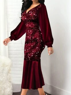 Women‘s Cocktail Party Dress Wedding Guest Dress Sequin Dress Midi Dress Black Wine Blue Long Sleeve Pure Color Sequins Fall V Neck Elegant Winter Dress Fall Dress 2023 S M L XL XXL 3XL 4XL 5XL -Tesla Style rogptm1630401661086