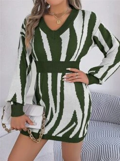 Women's Sweater Dress Winter Dress Jumper Dress Mini Dress Warm Stripe Outdoor Casual Holiday Vacation V Neck Long Sleeve Patchwork 2023 Loose Fit Green Khaki Rose Red S M L -Tesla Style roktwq1696926516943