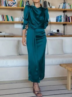 Women's Work Dress Satin Dress Semi Formal Dress Fashion Long Dress Maxi Dress Split Stand Collar Long Sleeve Plain Regular Fit Black Blue Sky Blue Fall Winter S M L XL -Tesla Style ropege1692761657432