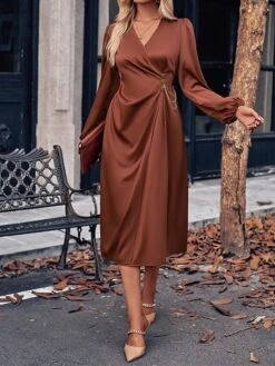 Women's Party Dress Cocktail Dress Satin Dress Midi Dress Champagne Brown Green Long Sleeve Pure Color Ruched Fall Winter Autumn Shirt Collar Fashion Wedding Guest Birthday Vacation 2023 S M L XL -Tesla Style roqign1696077348793