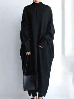 Women‘s Sweater Dress Winter Dress Shift Dress Long Dress Maxi Dress Beige Black Long Sleeve Pure Color Ruched Winter Fall Turtleneck Casual One-Size -Tesla Style rorjmb1631699933344