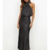 Women's Sequin Dress Midi Dress Black Wine Red Sleeveless Pure Color Sequins Winter Autumn Halter Neck Party Birthday 2023 S M L XL