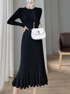 Women's Sweater Dress Jumper Dress Casual Dress Midi Dress Fashion Pure Color Outdoor Daily Vacation Going Out Crew Neck Long Sleeve Ruffle Patchwork 2023 Regular Fit Black Pink Beige One Size -Tesla Style rprxzf1695364497389