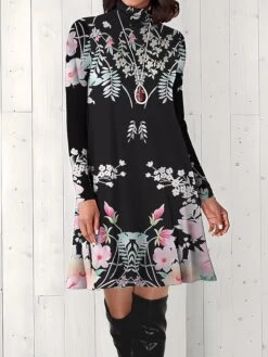 Women's Work Dress Casual Dress Fashion Winter Dress Daily Mini Dress Print Turtleneck Long Sleeve Floral Letter Regular Fit Light Pink Black Light Green Fall Winter S M L XL XXL -Tesla Style rqawds1694573154626