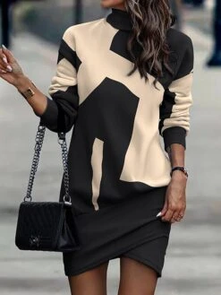 Women's Casual Dress Sweatshirt Dress Sheath Dress Geometric Color Block Ruched Print Turtleneck Mini Dress Fashion Streetwear Outdoor Daily Long Sleeve Regular Fit White Gold Khaki Spring Fall S M L -Tesla Style rqeagl1692685684315