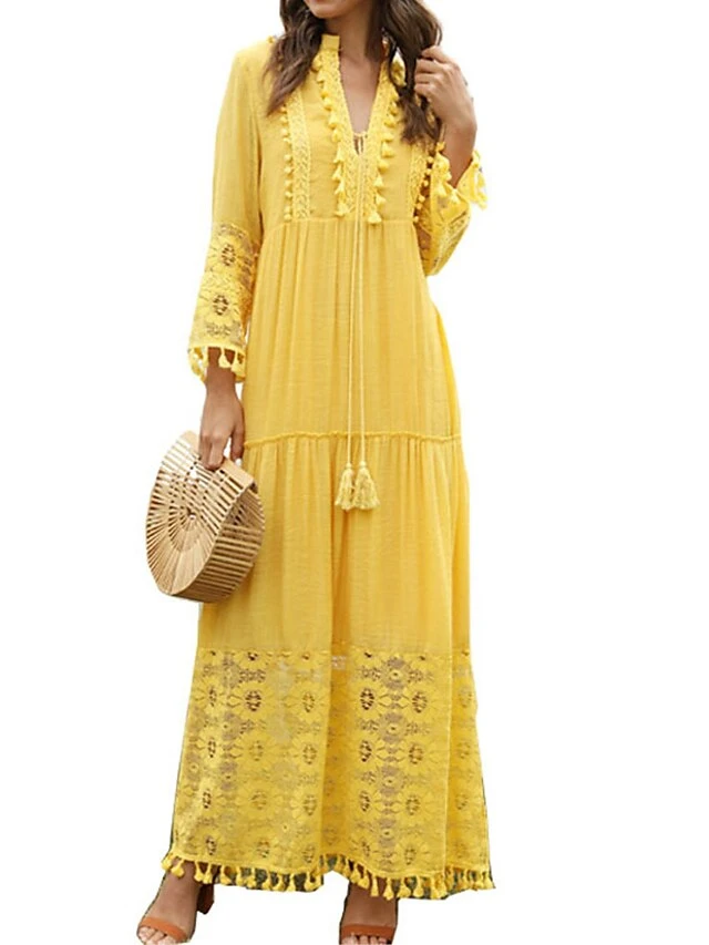Women's Long Dress Maxi Dress Party Dress Casual Dress Sundress Pure Color Basic Bohemian Outdoor Daily Beach Lace Long Sleeve V Neck Dress Regular Fit Yellow Pink Blue Summer Spring S M L XL XXL 10 Women's Long Dress Maxi Dress Party Dress Casual Dress Sundress Pure Color Basic Bohemian Outdoor Daily Beach Lace Long Sleeve V Neck Dress Regular Fit Yellow Pink Blue Summer Spring S M L XL XXL - Image 8