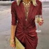 Women's Party Dress Sequin Dress Sheath Dress Mini Dress Wine Gold Long Sleeve Solid Color Ruched Fall Winter V Neck Fashion Party Vacation 2022 S M L XL -Tesla Style rqvuyi1636706639465