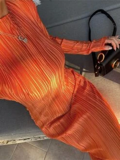 Women's Work Dress Sheath Dress Semi Formal Dress Fashion Daily Workfashion Long Dress Maxi Dress Ruched Pleated Crew Neck Long Sleeve Plain Slim Black Orange Fall Winter S M L -Tesla Style rrentd1695645279533