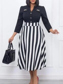 Women's Work Dress Swing Dress Semi Formal Dress Fashion Midi Dress Button Fake Two Piece V Neck Long Sleeve Stripe Regular Fit Black Fall Winter L XL XXL