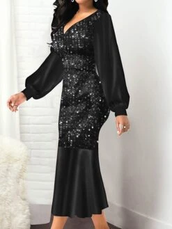 Women‘s Cocktail Party Dress Wedding Guest Dress Sequin Dress Midi Dress Black Wine Blue Long Sleeve Pure Color Sequins Fall V Neck Elegant Winter Dress Fall Dress 2023 S M L XL XXL 3XL 4XL 5XL -Tesla Style rsacar1630401663988