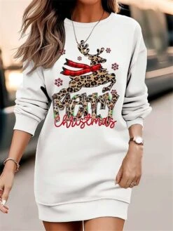 Women‘s Christmas Casual Dress Sweatshirt Dress Mini Dress Warm Fashion Outdoor Holiday Crew Neck Print Santa Claus Tree Loose Fit White Red Brown S M L XL XXL -Tesla Style rsimcm1695096338064