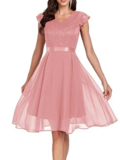 Women's Party Dress Lace Dress Cocktail Dress Midi Dress Pink Wine Navy Blue Short Sleeve Pure Color Lace Spring Fall Winter V Neck Fashion Winter Dress Wedding Guest Vacation 2023 S M L XL XXL -Tesla Style rsocxh1692179080891