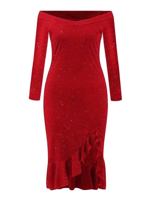 Women‘s Christmas Party Dress Cocktail DressKnee Length Dress Black Red Long Sleeve Pure Color Sequins Ruffle Fall Winter Off Shoulder Party Elegant Mature 2022 S M L XL XXL 4 Women‘s Christmas Party Dress Cocktail DressKnee Length Dress Black Red Long Sleeve Pure Color Sequins Ruffle Fall Winter Off Shoulder Party Elegant Mature 2022 S M L XL XXL - Image 2