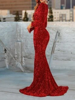 Women's Party Dress Sequin Dress Wedding Guest Dress Long Dress Maxi Dress Red Long Sleeve Pure Color Sequins Spring Fall Winter Square Neck Fashion Winter Dress Christmas Wedding Guest 2023 S M L XL -Tesla Style rsspdw1697772834667