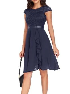 Women's Party Dress Lace Dress Cocktail Dress Midi Dress Black Pink Wine Short Sleeve Pure Color Lace Spring Fall Winter Crew Neck Fashion Winter Dress Wedding Guest Vacation 2023 S M L XL XXL -Tesla Style rsvube1692179770392