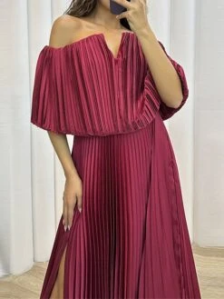 Women's Prom Dress Party Dress Satin Dress Long Dress Maxi Dress Black Yellow Wine Half Sleeve Pure Color Pleated Spring Fall Winter Off Shoulder Fashion Wedding Guest Birthday Evening Party 2023 S M -Tesla Style rtdyhw1696926212265