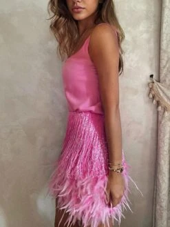 Women‘s Party Dress Homecoming Dress Wedding Guest Fringe Dress Feather Dress Mini Dress White Pink Beige Sleeveless Pure Color Tassel Fringe Summer Spring Crew Neck Fashion Party 2023 S M L XL 2XL -Tesla Style rterlu1671789820294