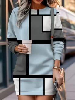 Women's Casual Dress Sweatshirt Dress Mini Dress Warm Fashion Outdoor Vacation Going Out Crew Neck Print Geometric Loose Fit Pink Blue Purple S M L XL XXL -Tesla Style rtfmkw1694576823299