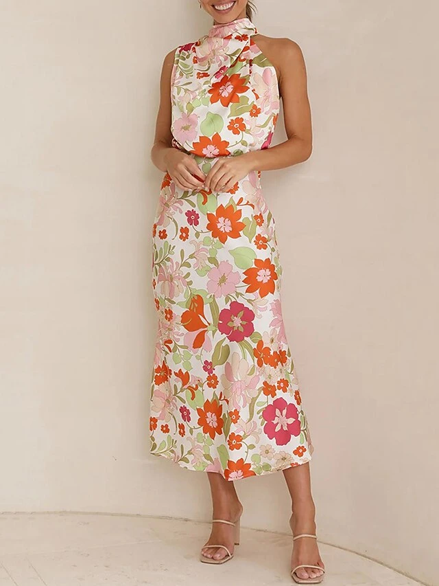 Women's Prom Dress Party Dress Satin Dress Long Dress Maxi Dress White Blue Orange Sleeveless Floral Ruched Fall Winter Autumn Halter Neck Fashion Evening Party Vacation 2023 S M L XL 4 Women's Prom Dress Party Dress Satin Dress Long Dress Maxi Dress White Blue Orange Sleeveless Floral Ruched Fall Winter Autumn Halter Neck Fashion Evening Party Vacation 2023 S M L XL - Image 2