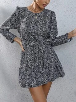 Women's Work Dress Sheath Dress Semi Formal Dress Fashion Mini Dress Lace Up Print Crew Neck Long Sleeve Floral Loose Fit Black Fuchsia Brown Fall S M L XL XXL -Tesla Style rtiwrm1693300606286