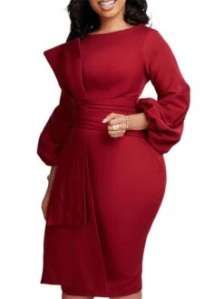 Women's Party Dress Work Dress Sheath Dress Midi Dress Black White Red Long Sleeve Pure Color Ruffle Spring Fall Winter Crew Neck Fashion 2023 S M L XL 2XL 3XL -Tesla Style rulneg1671604450518