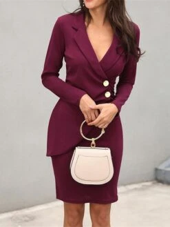Women's Work Dress Sheath Dress Semi Formal Dress Fashion Office Daily Workfashion Midi Dress Button Lapel Long Sleeve Plain Regular Fit Black Wine Fuchsia Fall Winter S M L XL XXL -Tesla Style ruvvnu1695645166180