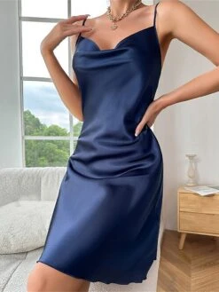 Women's Casual Dress Satin Dress Mini Dress Luxury Sexy Backless Solid Color Strap Party Lounge Navy Black 2023 Summer Spring S M L XL -Tesla Style ruyjju1692858278385