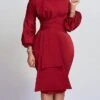 Women's Party Dress Work Dress Sheath Dress Midi Dress Black White Red Long Sleeve Pure Color Ruffle Spring Fall Winter Crew Neck Fashion 2023 S M L XL 2XL 3XL