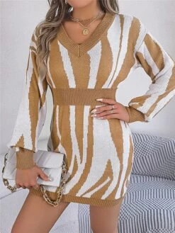 Women's Sweater Dress Winter Dress Jumper Dress Mini Dress Warm Stripe Outdoor Casual Holiday Vacation V Neck Long Sleeve Patchwork 2023 Loose Fit Green Khaki Rose Red S M L -Tesla Style rwodgz1696926512408