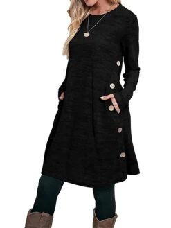 Women's Work Dress Casual Dress A Line Dress Fashion Daily Mini Dress Button Pocket Crew Neck Long Sleeve Plain Loose Fit Black Pink Gray Fall Winter S M L XL XXL -Tesla Style rwoesg1697185359997