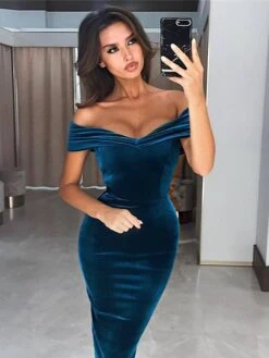 Women's Party Dress Velvet Dress Wedding Guest Dress Knee Length Dress Wine Navy Blue Royal Blue Short Sleeve Pure Color Patchwork Summer Spring Fall Off Shoulder Hot Party Evening Party -Tesla Style rwvafp1631954377860