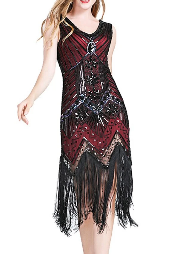 Women‘s Halloween Dress Retro 1920s Fringe Dress Midi Dress Party Outdoor Sequins Tassel Fringe Plain V Neck Sleeveless Regular Fit Summer Spring 2023 Claret Black S M L XL 4 Women‘s Halloween Dress Retro 1920s Fringe Dress Midi Dress Party Outdoor Sequins Tassel Fringe Plain V Neck Sleeveless Regular Fit Summer Spring 2023 Claret Black S M L XL - Image 2