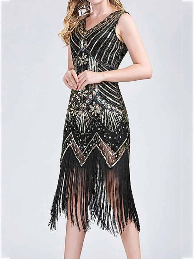 Women‘s Halloween Dress Retro 1920s Fringe Dress Midi Dress Party Outdoor Sequins Tassel Fringe Plain V Neck Sleeveless Regular Fit Summer Spring 2023 Claret Black S M L XL 17 Women‘s Halloween Dress Retro 1920s Fringe Dress Midi Dress Party Outdoor Sequins Tassel Fringe Plain V Neck Sleeveless Regular Fit Summer Spring 2023 Claret Black S M L XL - Image 15