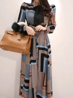 Women's Work Dress Sheath Dress Swing Dress Fashion Winter Dress Office Daily Long Dress Maxi Dress Button Print V Neck Long Sleeve Stripe Print Regular Fit Khaki Fall Winter S M L XL -Tesla Style rxjoep1695030989934