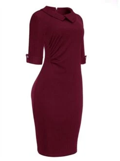 Women's Work Dress Sheath Dress Semi Formal Dress Fashion Office Daily Workfashion Midi Dress Ruched Shirt Collar Half Sleeve Plain Slim Black Wine Navy Blue Fall Winter S M L XL XXL -Tesla Style rxpjcd1695030993413