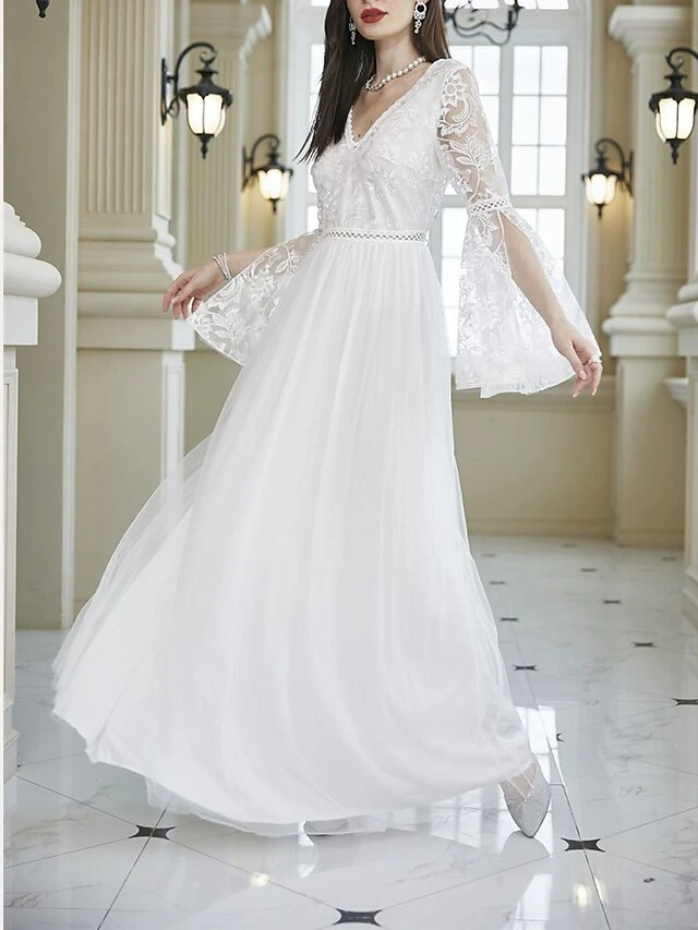 Women's Prom Dress Party Dress Lace Dress Long Dress Maxi Dress White Long Sleeve Pure Color Lace Summer Spring Fall V Neck Party Evening Party Wedding Guest Summer Dress 2023 S M L XL 6 Women's Prom Dress Party Dress Lace Dress Long Dress Maxi Dress White Long Sleeve Pure Color Lace Summer Spring Fall V Neck Party Evening Party Wedding Guest Summer Dress 2023 S M L XL - Image 4