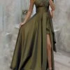 Women's Prom Dress Party Dress Satin Dress Long Dress Maxi Dress Army Green Sleeveless Pure Color Ruffle Spring Fall Winter One Shoulder Fashion Winter Dress Evening Party Wedding Guest 2023 S M L XL -Tesla Style rxwcmt1693823000553