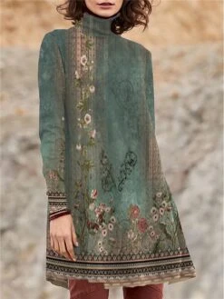 Women's Work Dress Casual Dress Swing Dress Fashion Winter Dress Daily Mini Dress Print Turtleneck Long Sleeve Floral Regular Fit Blue Green Fall Winter S M L XL XXL -Tesla Style rxzxpe1694490789584