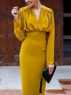 Women's Party Dress Sheath Dress Midi Dress Yellow Long Sleeve Pure Color Ruched Winter Fall Autumn V Neck Casual Party Winter Dress Fall Dress 2022 S M L XL XXL -Tesla Style ryaymg1630920060848