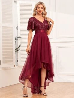 Women‘s Christmas Party Dress Sequin Dress Red Dress Long Dress Maxi Dress Wine Short Sleeve Pure Color Mesh Sparkly Glitter Summer Spring Fall V Neck Fashion Wedding Guest Summer Dress Loose -Tesla Style rycfou1693983264234