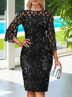 Women‘s Party Dress Sequin Dress Cocktail Dress Midi Dress Black Wine Dark Green 3/4 Length Sleeve Pure Color Sparkly Glitter Sequins Spring Fall Winter Crew Neck Fashion Wedding Guest Birthday -Tesla Style rydbbm1691659613475
