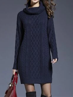 Women's Sweater Dress Jumper Dress Winter Dress Mini Dress Warm Plain Outdoor Daily Holiday Vacation Turtleneck Long Sleeve 2023 Loose Fit White Wine Blue M L XL XXL 3XL -Tesla Style rydrvs1697711246207