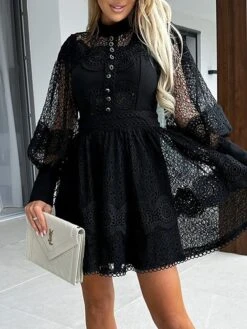 Women's Party Dress Lace Dress Homecoming Dress Mini Dress Black White Long Sleeve Pure Color Lace Summer Spring Fall Stand Collar Fashion Wedding Guest Birthday Vacation Slim 2023 S M L XL 28 Women's Party Dress Lace Dress Homecoming Dress Mini Dress Black White Long Sleeve Pure Color Lace Summer Spring Fall Stand Collar Fashion Wedding Guest Birthday Vacation Slim 2023 S M L XL -Tesla Style ryhsrp1681263747410