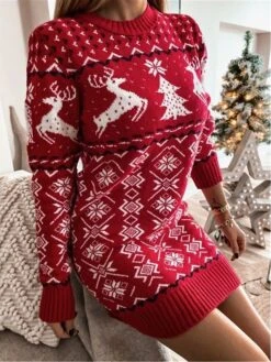 Women‘s Christmas Sweater Dress Winter Dress Sheath Dress Short Mini Dress Red Navy Blue Gray Long Sleeve Elk Snowman Snowflake Knit Fall Winter Round Neck Turtleneck Stylish Casual 2022 S M L XL XXL -Tesla Style ryuzus1663151835967