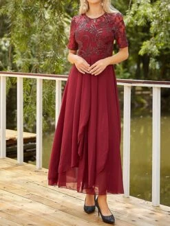 Women‘s Christmas Prom Dress Party Dress Sequin Dress Long Dress Maxi Dress Wine Half Sleeve Pure Color Sparkly Glitter Sequins Fall Winter Autumn Crew Neck Fashion Wedding Guest Evening Party -Tesla Style rywivn1692946817976