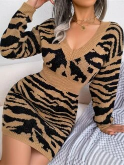 Women's Sweater Dress Jumper Dress Casual Dress Mini Dress Fashion Stripe Outdoor Daily Going Out V Neck Long Sleeve 2023 Loose Fit Blue Khaki Gray S M L