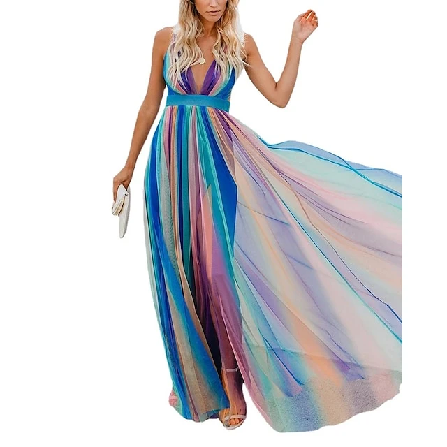 Women‘s Party Dress Strap Dress Long Dress Maxi Dress Blue Sleeveless Color Block Mesh Spring Summer Spaghetti Strap Party Party Weekend 2023 S M L XL XXL 4 Women‘s Party Dress Strap Dress Long Dress Maxi Dress Blue Sleeveless Color Block Mesh Spring Summer Spaghetti Strap Party Party Weekend 2023 S M L XL XXL - Image 2