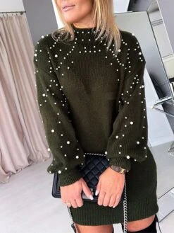 Women's Sweater Dress Winter Dress Jumper Dress Mini Dress Pearl Daily Date Going Out Active Fashion Crew Neck Long Sleeve 2023 Loose Fit Khaki Army Green Gray Color S M L XL XXL Size -Tesla Style rzqhuc1695031559817