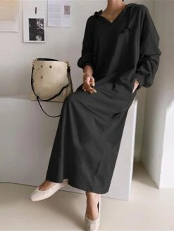 Women's Casual Dress Hoodie Dress Shift Dress Long Dress Maxi Dress Pocket Outdoor Daily Going Out Active Fashion Hooded Long Sleeve 2023 Loose Fit Black Khaki Gray Color S M L XL XXL Size -Tesla Style rzvrxa1693222780108